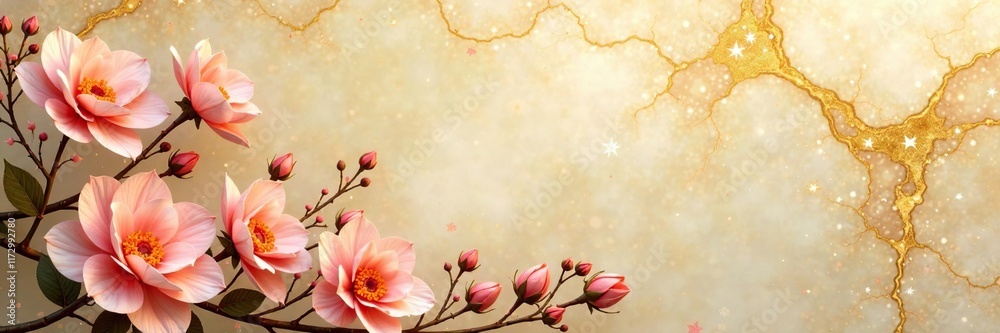 Marbled gold and beige hues with blooming flowers, floral, gold Marbled gold and beige hues with blooming flowers, floral, gold