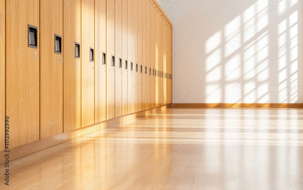 Obraz premium Warm toned school corridor with natural wooden lockers and sunlight casting shadows