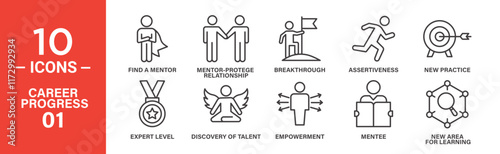 Career Progress Icon Set: 10 Editable Vector Icons Representing Mentorship, Breakthroughs, and Skill Development.