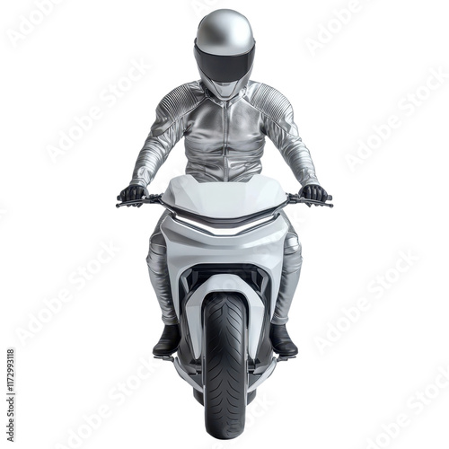 Futuristic motorcyclist in silver outfit riding sleek motorcycle photo