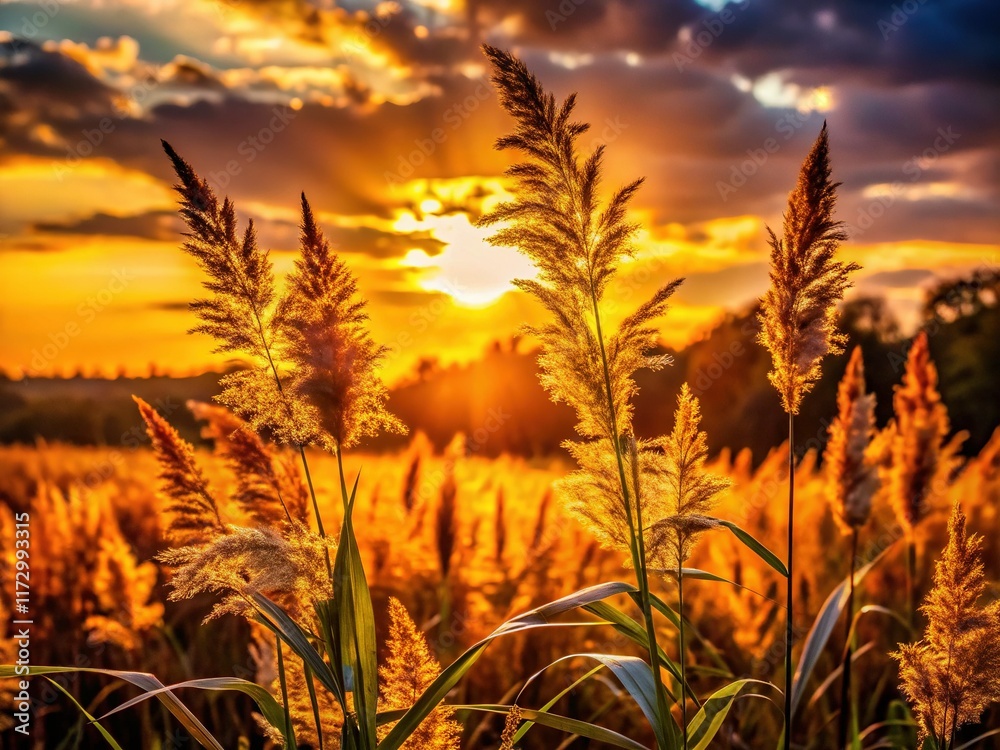 Serene Sunset Silhouette: Grass and Plants at Golden Hour Serene Sunset Silhouette: Grass and Plants at Golden Hour