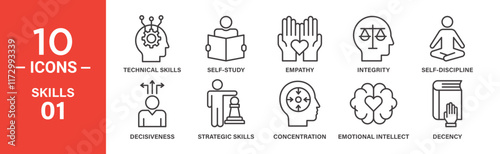 Skills and Personal Development Icon Set: 10 Editable Vector Icons Representing Technical Skills, Empathy, and Self-Discipline.