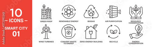 Smart City Sustainability Icon Set: 10 Editable Vector Icons Depicting Renewable Energy, Recycling, and Resource Conservation