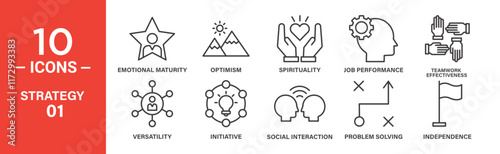 Strategy and Personal Development Icon Set: 10 Editable Vector Icons Highlighting Emotional Maturity, Problem Solving, and Teamwork.