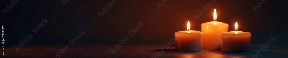 Soft warm glow of three burning candles on a dark background, abstract, shadows, light