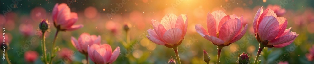 Fototapeta premium Softly glowing morning dew on million bells flowers creates a peaceful atmosphere, soft, nature, dew