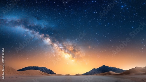 Stunning night sky filled with stars over a serene desert landscape at twilight.