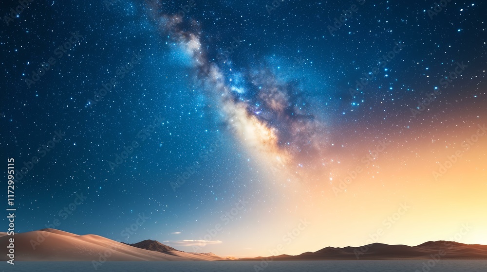 Fototapeta premium A stunning view of the milky way galaxy over a desert landscape at twilight.