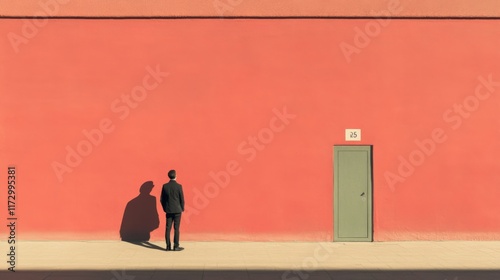 Wallpaper Mural Man in suit stands before a large coral wall and a single grey door. Torontodigital.ca
