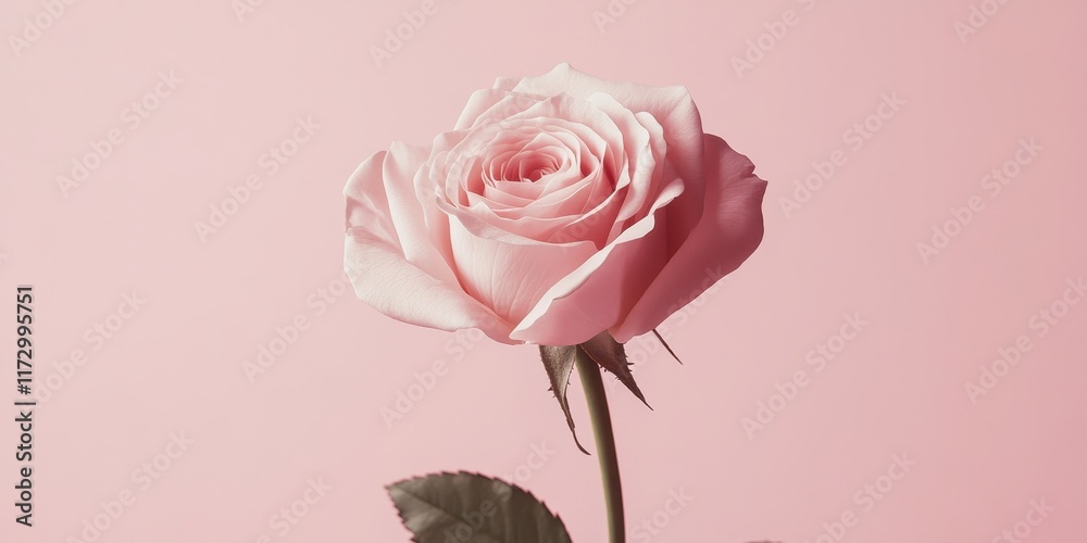 A single pale pink rose against a soft pink background