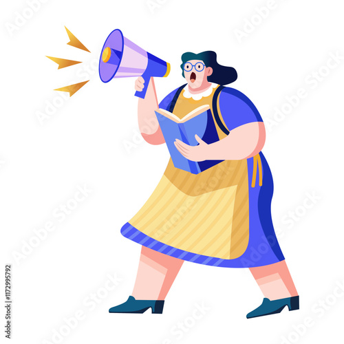 A flat illustration of noisy librarian holding a loudspeaker and book 

