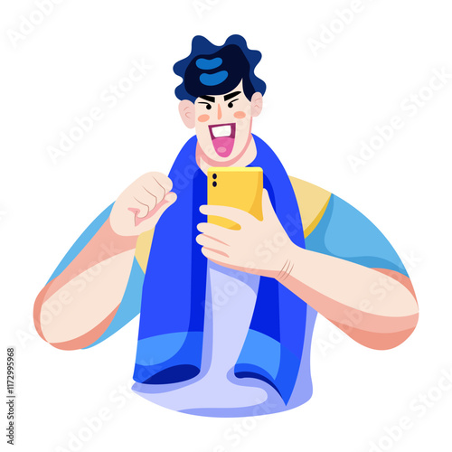 A flat illustration of character holding a mobile having selfie fun 

