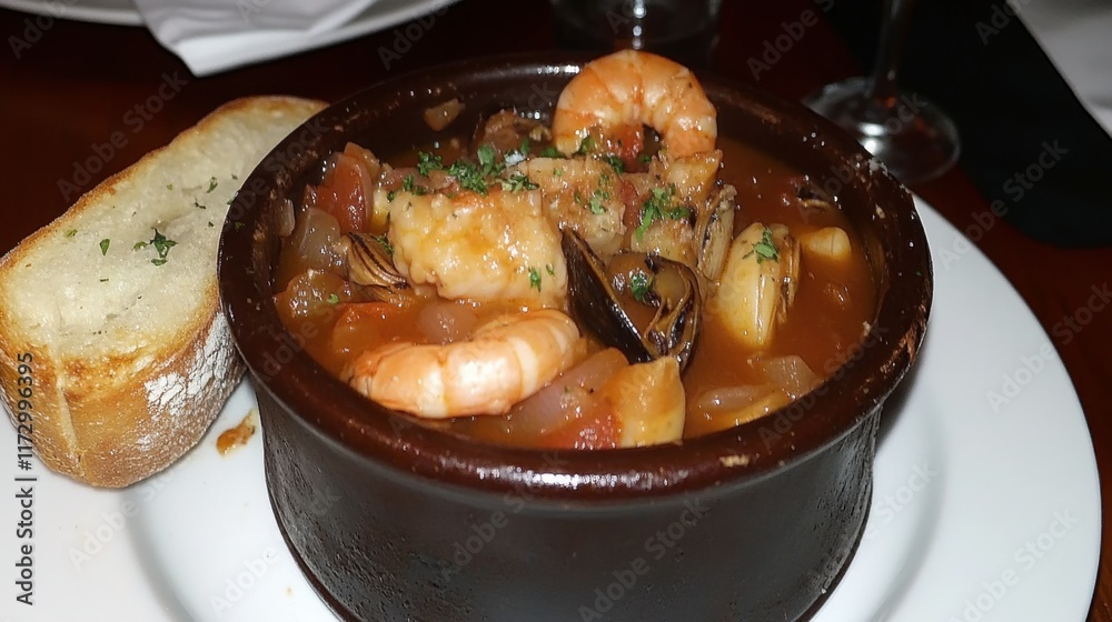 A rustic bucket of seafood stew, filled with clams, mussels, and shrimp, and served with a side of crusty bread. A rustic bucket of seafood stew, filled with clams, mussels, and shrimp, and served with a side of crusty bread.