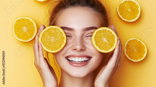 A joyful woman holding orange slices in front of her eyes against a bright yellow background.