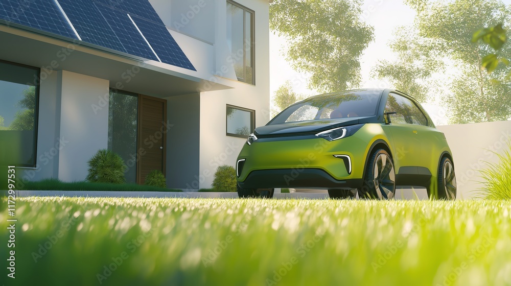 Sustainable Villa with Electric Car and Solar Panels, Embracing Green Energy for Young Families' Future Sustainable Villa with Electric Car and Solar Panels, Embracing Green Energy for Young Families' Future