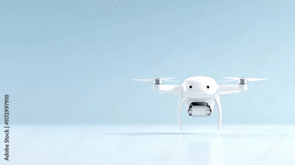 Futuristic White Drone Hovering in Air Against Light Blue Background Capturing Unique Aerial Perspectives Futuristic White Drone Hovering in Air Against Light Blue Background Capturing Unique Aerial Perspectives