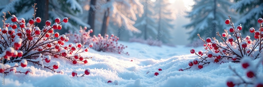Snowy landscape with red berries scattered on the ground, berry bushes, snowy forest, frost Snowy landscape with red berries scattered on the ground, berry bushes, snowy forest, frost