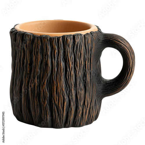 A unique mug designed to resemble tree bark, featuring a textured surface and a sturdy handle, perfect for holding beverages.