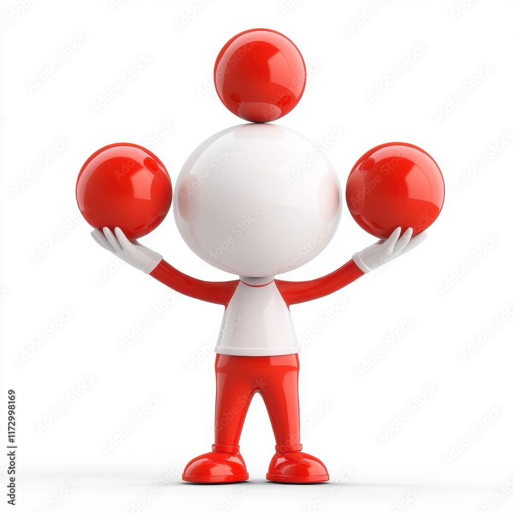 Playful character juggling red balls in a creative and fun way Playful character juggling red balls in a creative and fun way