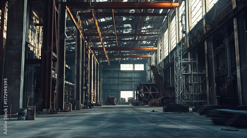 Industrial Warehouse Under Construction with Large Steel Framework Industrial Warehouse Under Construction with Large Steel Framework