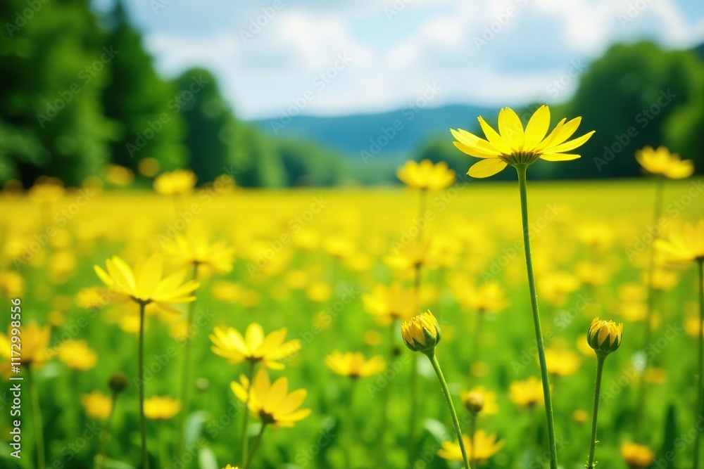 Yellow flowers blooming on tall plant stems in summer field, flowers, blooms, meadow Yellow flowers blooming on tall plant stems in summer field, flowers, blooms, meadow