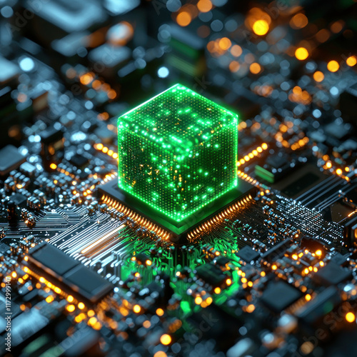 Glowing green cube on circuit board with illuminated background, for tech concepts