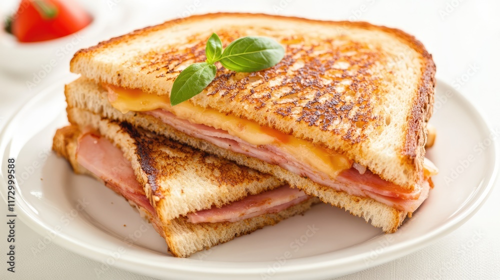 grilled ham tomato and cheese sandwich on plate on a white background grilled ham tomato and cheese sandwich on plate on a white background