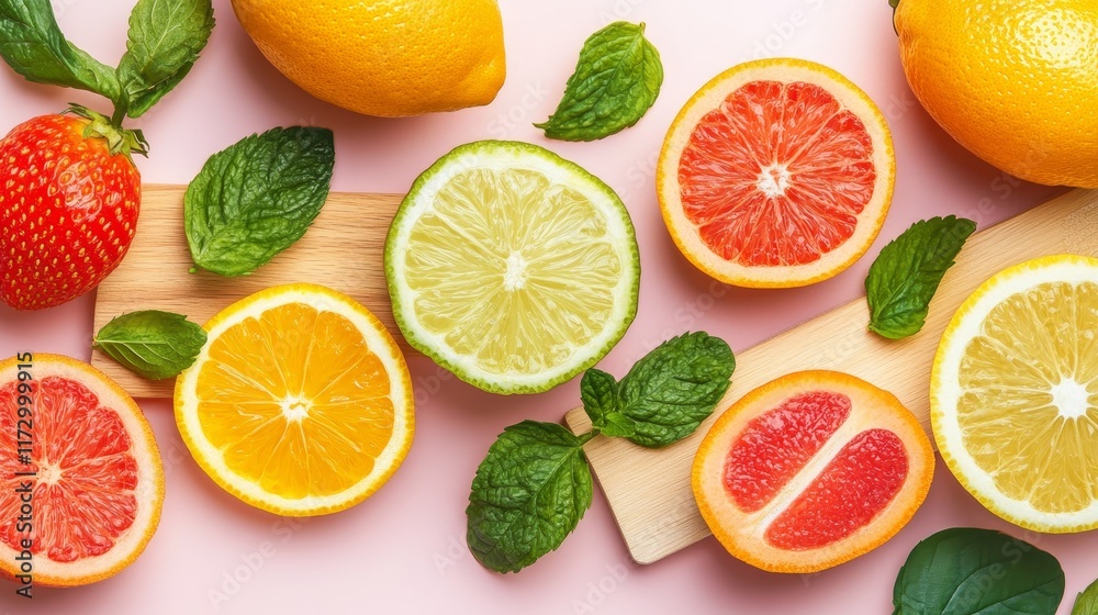 A vibrant arrangement of citrus fruits and mint leaves on a pastel background. A vibrant arrangement of citrus fruits and mint leaves on a pastel background.