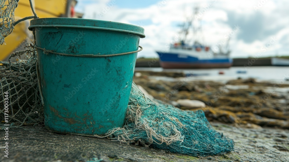 A sea bucket resting beside a fishing net, with distant boats visible in the background. A sea bucket resting beside a fishing net, with distant boats visible in the background.