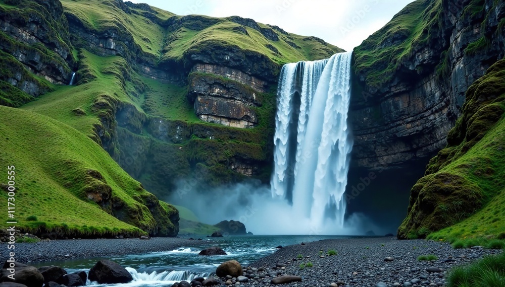 Naklejka premium A waterfall cascades down a rocky cliff in a mountainous terrain, cliffs, geological features, nature