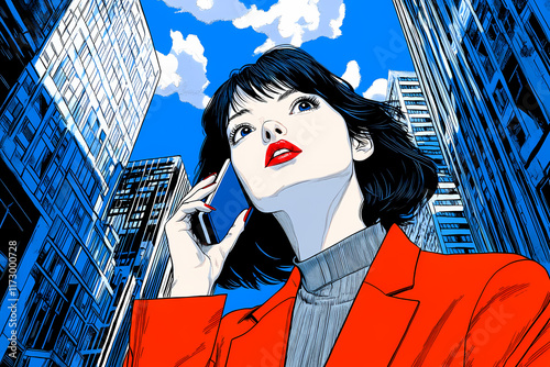 A woman in a red jacket is talking on a cell phone