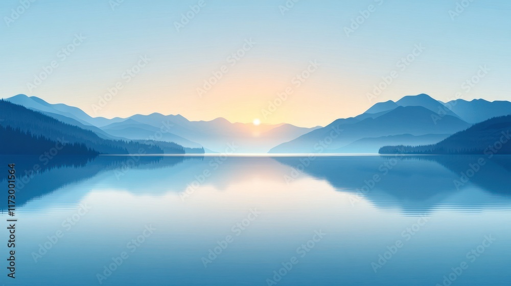 Serene sunrise over calm lake reflecting mountains.