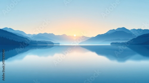 Serene sunrise over calm lake reflecting mountains.
