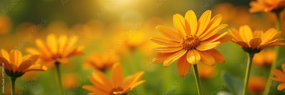 Bright orange daisy-like flowers blooming in a sunny garden, wildflower, summerflower, sunflowers Bright orange daisy-like flowers blooming in a sunny garden, wildflower, summerflower, sunflowers