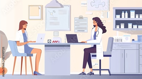 Female Doctor Consultation with Laptop in White Lab Coat for Medical Professionals