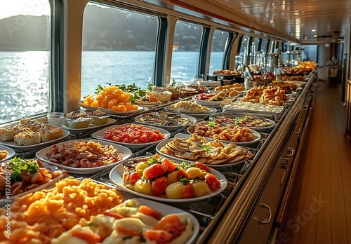 Wide shot of an Italian food bar on the deck of a cruise ship, filled with fresh fruit and various Italian dishes on white platters photo