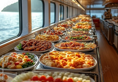 Wide shot of an Italian food bar on the deck of a cruise ship, filled with fresh fruit and various Italian dishes on white platters