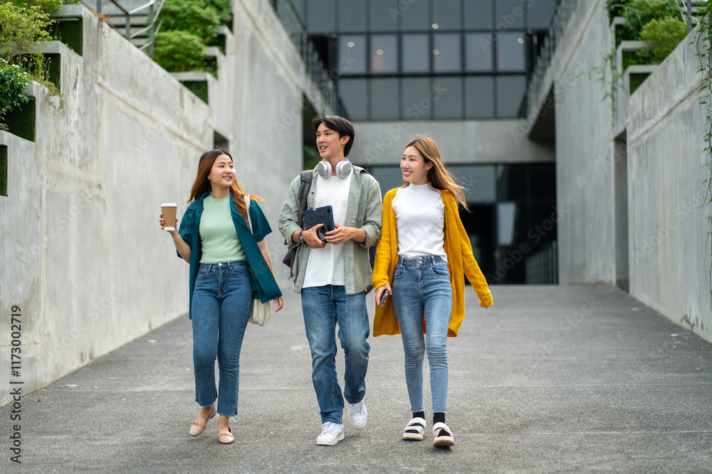 Obraz premium asian students and friends walking at outdoor,funny and joke with happiness,share results,bonding together.group of student with break,playful,humor,smile cheerful,joyful,happiness,academic success