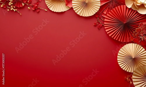 Decorative arrangement of red paper fans and cherry blossoms on a textured background

