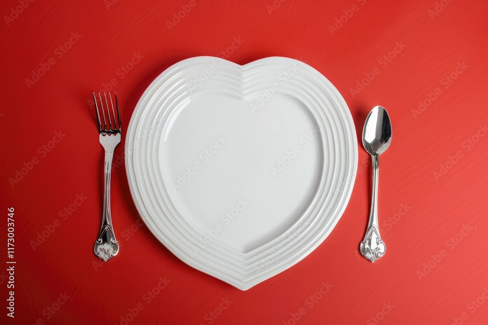 heart-shaped white plate with cutlery on a red background, Valentine's day concept. MZ heart-shaped white plate with cutlery on a red background, Valentine's day concept. MZ