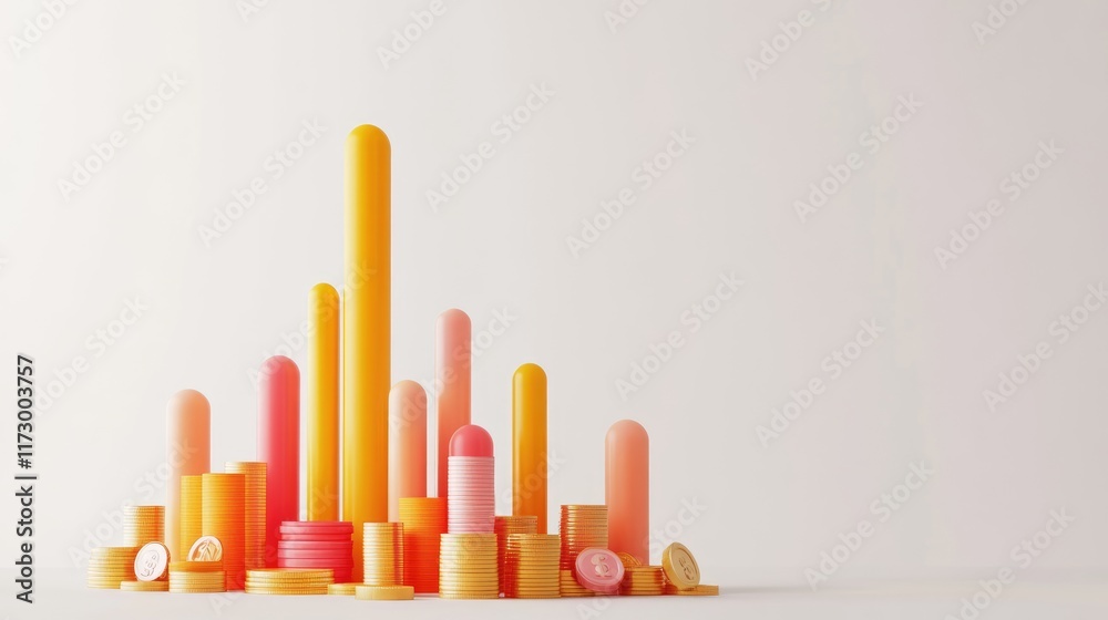 A 3D bar graph rising from a bed of coins, wealth accumulation illustration, hyper-realistic style, isolated on white background A 3D bar graph rising from a bed of coins, wealth accumulation illustration, hyper-realistic style, isolated on white background