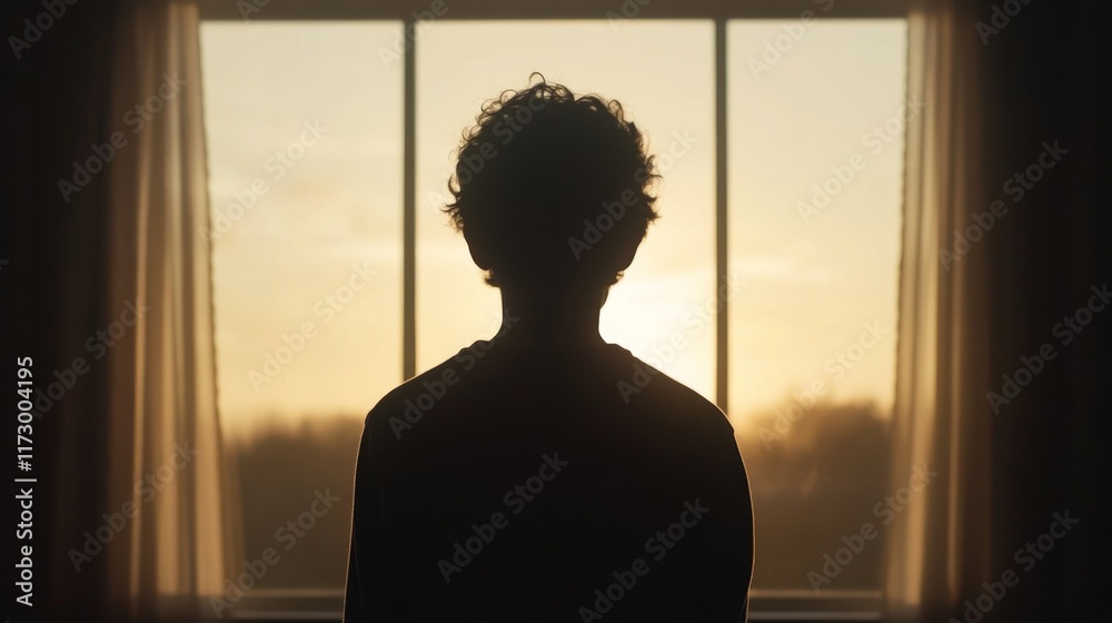 Silhouetted child looking out window at sunset.