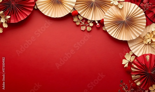 Decorative arrangement of red paper fans and cherry blossoms on a textured background

