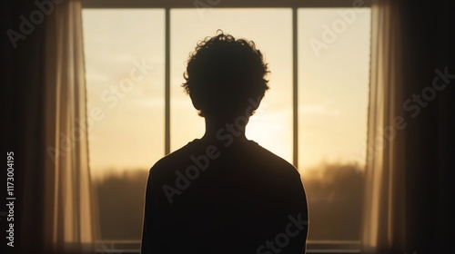 Obraz na płótnie Silhouetted child looking out window at sunset. w salonie