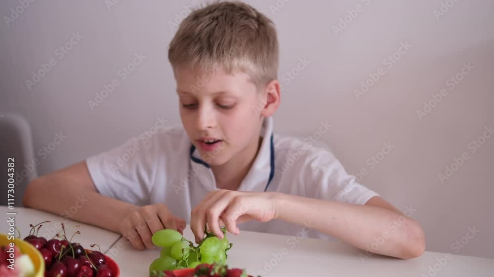 Boy eating berries. Summer healthy food. Vitamins Boy eating berries. Summer healthy food. Vitamins