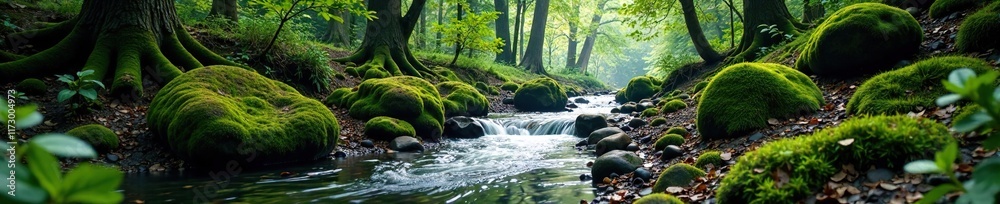 Forest surroundings meet a mountain stream's gentle flow, mountain, stream, undergrowth Forest surroundings meet a mountain stream's gentle flow, mountain, stream, undergrowth