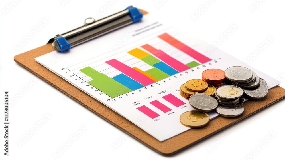 A business chart on a clipboard with coins, corporate finance theme, isometric design, isolated on white background A business chart on a clipboard with coins, corporate finance theme, isometric design, isolated on white background