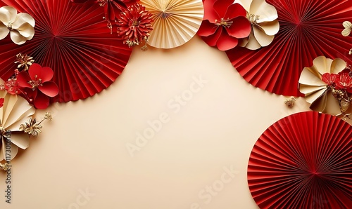 Decorative arrangement of red paper fans and cherry blossoms on a textured background
