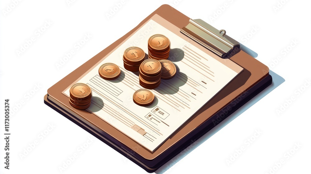 A business chart on a clipboard with coins, corporate finance theme, isometric design, isolated on white background A business chart on a clipboard with coins, corporate finance theme, isometric design, isolated on white background