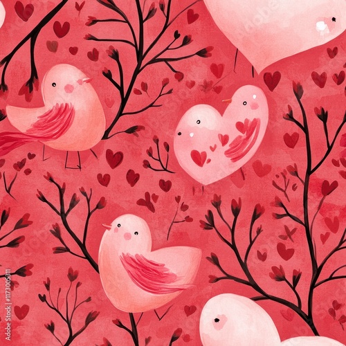 Whimsical Hand-Drawn Illustration of Pink Hearts and Cute Birds on a Red Background, Perfect for Romantic Designs and Festive Decorations photo